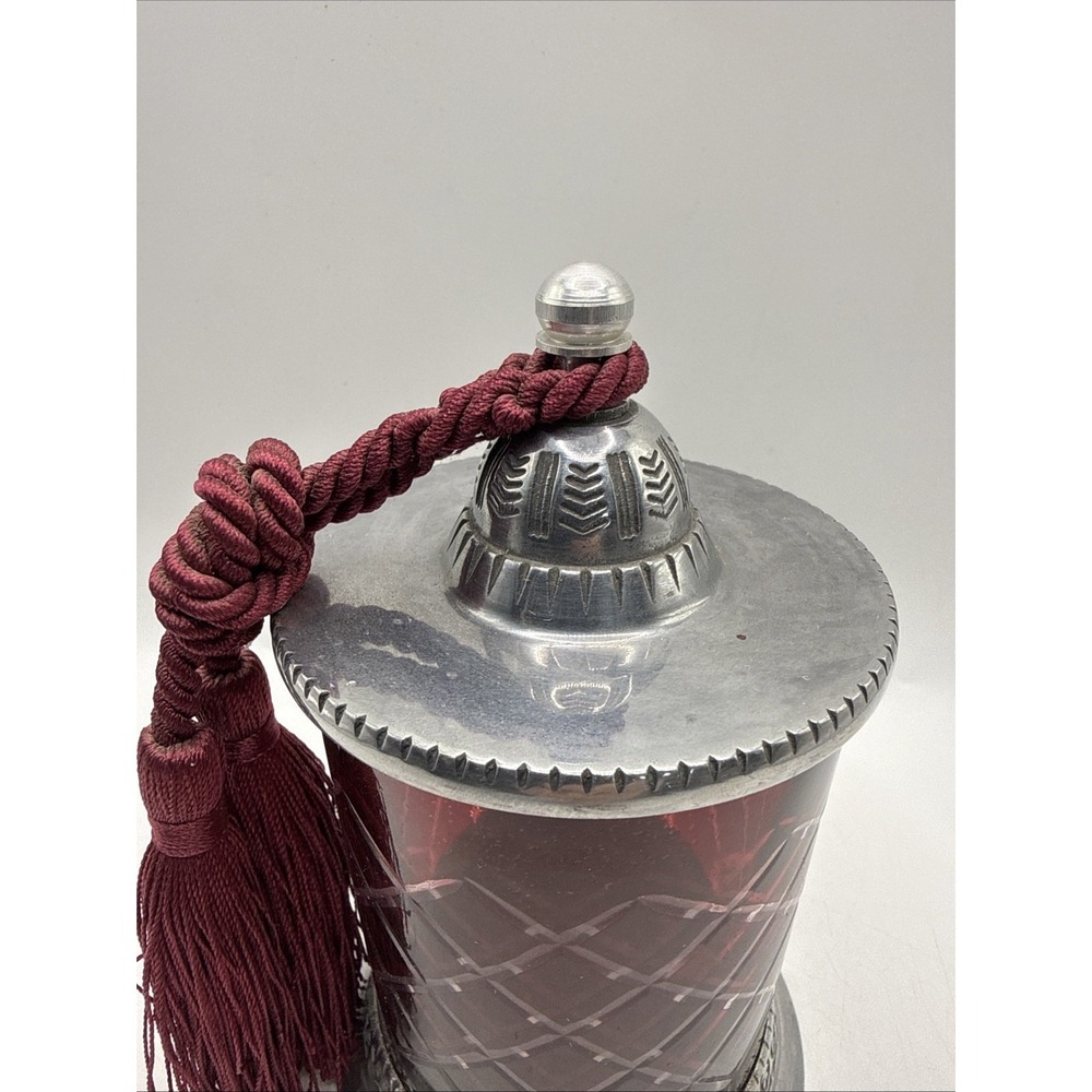 Vintage Hand Cut Crystal Candle Holder with Red Tassel Silver Top And Base - Picture 3 of 12